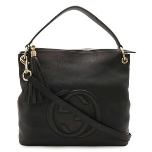 Gucci Soho Interlocking G Fringe Tassel Shoulder Bag Handbag Leather Black